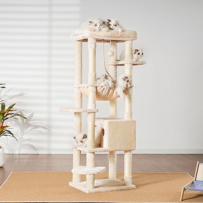 Heybly Cat Tree for Large Cats, 20lbs Heavy Duty, 60 inches HCT050M | Cat Tower for Indoor Cats with Big Padded Plush Perch, Multi-Level Furniture Condo with Cozy Basket, Beige