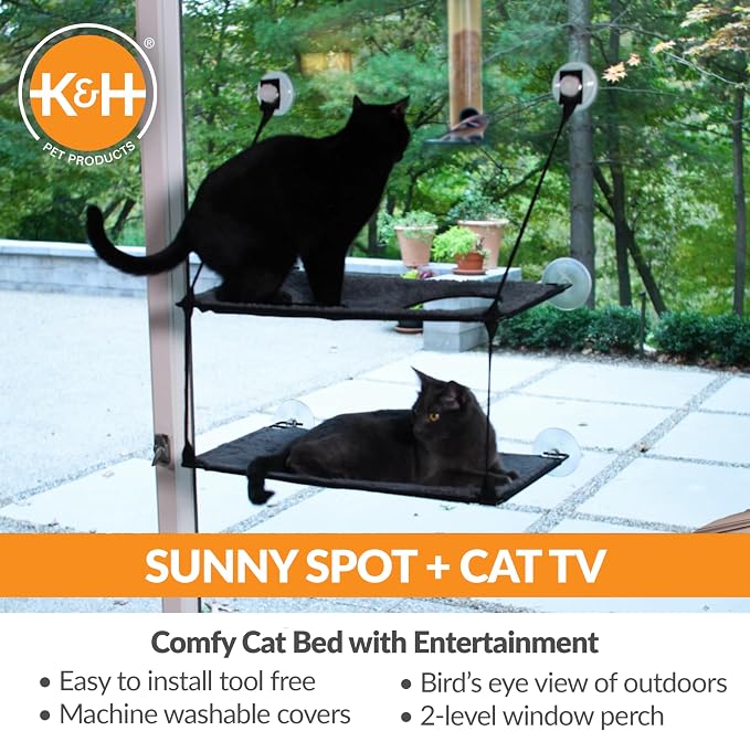 K&H Cat Window Perch, EZ Mount Double Stack Kitty Sill For Large Cats, Gray | Sturdy Cat Window Hammock Bed, Fits 27in Wx31in H Glass Spaces, Steel Frame & Suction Cups, 2 Washable Shelf Covers, Foldable