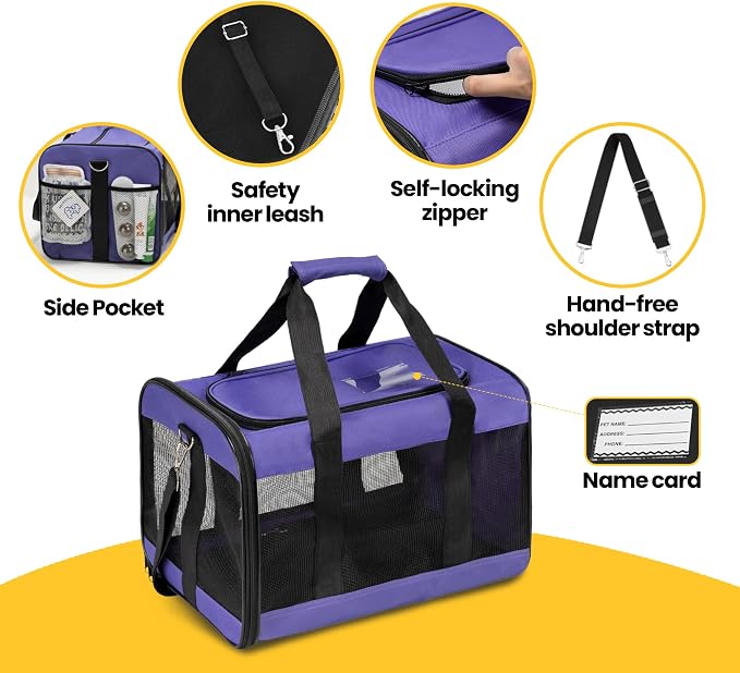 Conlun Dog Carrier Soft Sided, Large Cat Carrier with Inner Safety Leash, Pet Transport Carrier for Large Cats and Medium Dogs up to 20 Lbs, Collapsible Travel Puppy Carrier Bag -Purple L