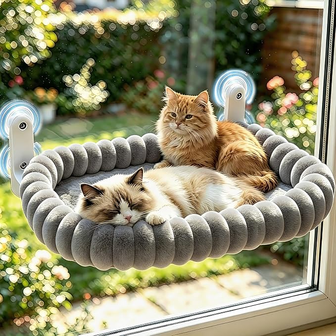 IPOW Cat Window Perch Cordless Foldable Cat Hammock Bed for Window with 4-Sided Bolster, Sturdy Metal Frame & Strong Suction Cups Window Hammock for Large Cats and Kittens 23.3 * 15.8in(Gray)