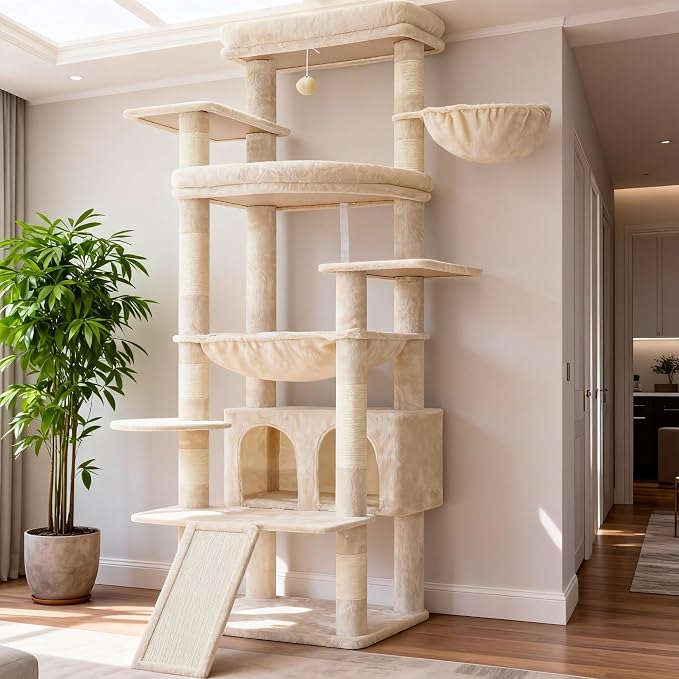 Heybly Tall Cat Tree for Large Cat, 80-inch Multi-Level Cat Tower HCT038M | Condo Furniture for Indoor Cats with Large Baseboard, 2 Widened Plush Perches, Scratching Board, Big Caves, Beige