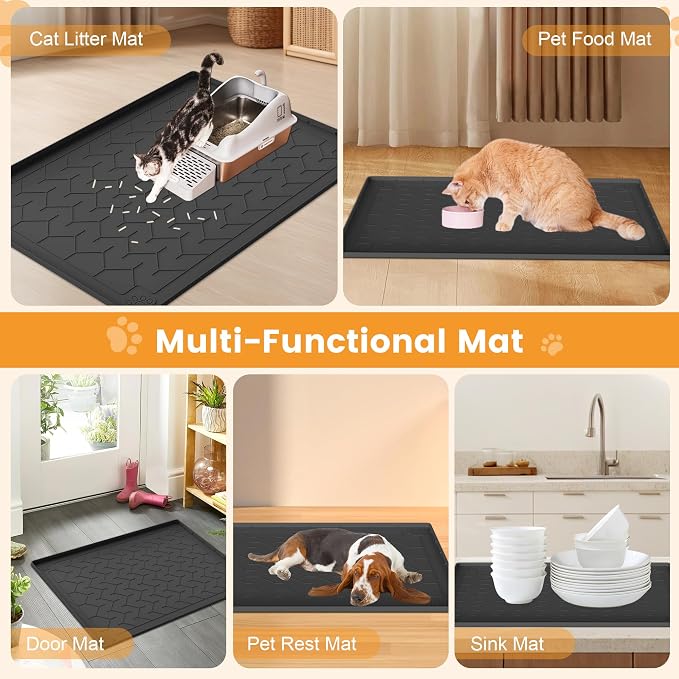 Cat Litter Mat, Extra Large 40"x28" Silicone Mat for Litter Box, Waterproof & Non-Slip Rubber Mat with Lip, Litter Trapping & Scatter Control, Soft on Cat Paws, Urine-Proof Floor Protector