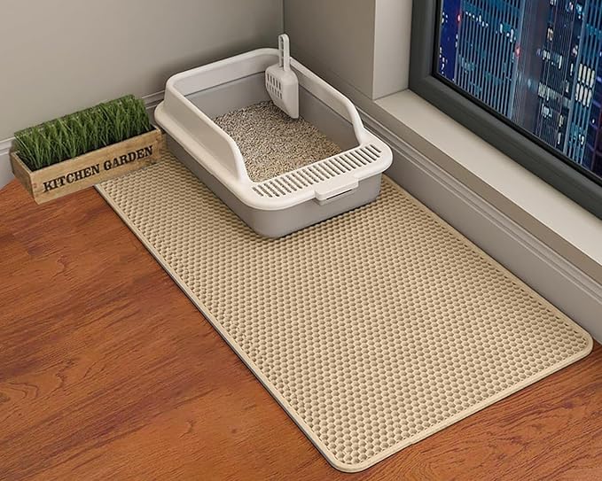 HCY&WLD Cat Litter Mat, Double Layer Cat Litter Box Mat (45x26 Inch, Khaki) | Waterproof Urine-Proof Non-Slip Litter Trapping Mat, Soft on Kitty Paws, Scratch-Resistant, Scatter Control, Easy to Clean