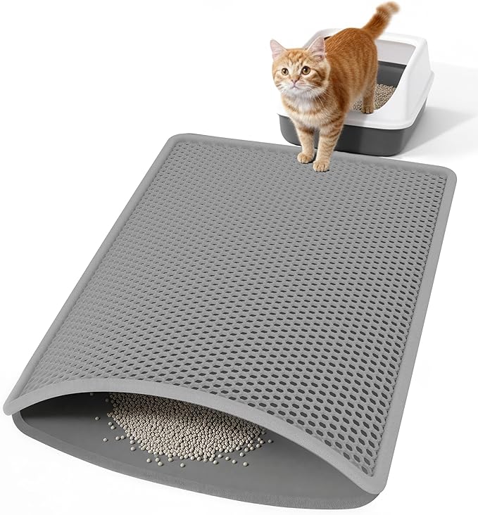 Cat Litter Mat 30"x21" Urine-Proof Small Litter Mat Litter Box Mat | Double Layer Honeycomb Cat Mat Soft EVA litter matt Fits Litter Boxes, kitty Litter mat Trapping Mat, Easy-Open Edge Grey