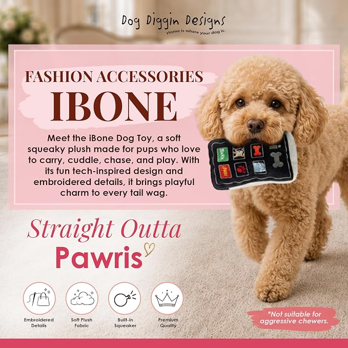 Dog Diggin Designs iBone Plush Dog Toy Bone | Luxury-Inspired Parody Tech-Style Bone with Squeaker, Soft Plush Chew & Play Dog Toy – Modern Fashion Accessories