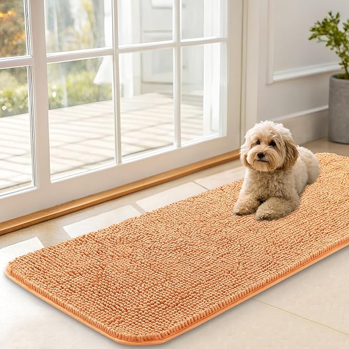 OLANLY Dog Door Mat for Muddy Paws 47x17, Super Absorbent Chenille Mud Mat | Orange, Absorbs Moisture and Dirt, Non-Slip Machine Washable Doormat, Quick-Drying Indoor Entryway Floor Carpet for Dogs