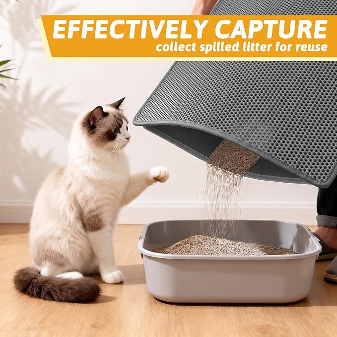 Pieviev Cat Litter Mat, Double-Layer Waterproof Litter Trap, 36" x 30" Gray | Honeycomb Design Catches Scattered Particles to Stop Tracking, Urineproof Base Protects Floors, Easy to Clean