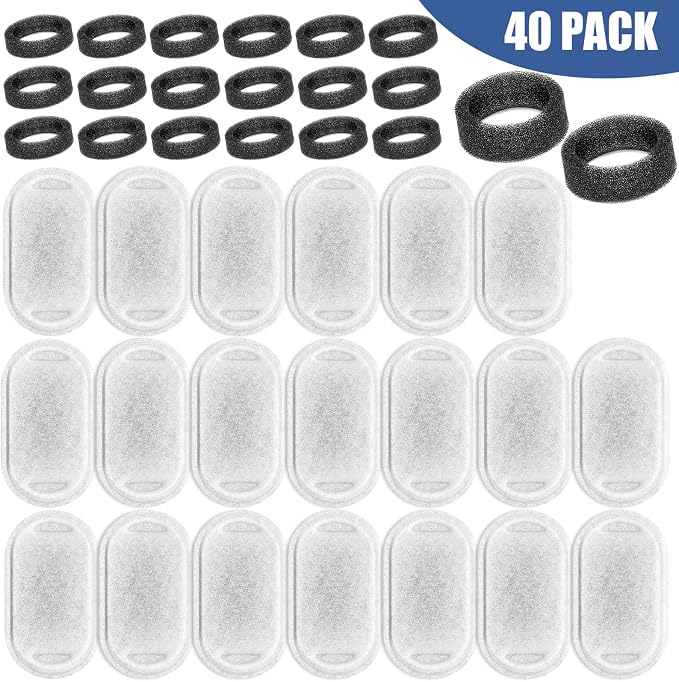 Cat Water Fountain Filters Replacement, 20 Pcs Pet Water Fountain Filter with 20 Pcs Foam Sponges for 67oz/2L & 108oz/3.2L Stainless Steel Pet Cat Water Fountain Dispenser Filters