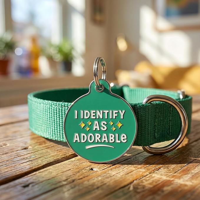 Bad Tags Personalized Dog and Cat ID Tags in 25+ Designs and 2 Sizes - 5 Lines of Custom Engraved Text - Funny Cute Personalized Pet Tags (I Identify As Adorable, Small (1 inch))