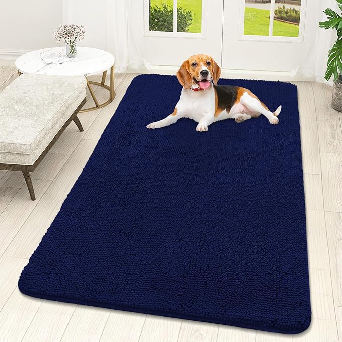 OLANLY Dog Door Mat for Muddy Paws 59x32, Super Absorbent Chenille Mud Mat | Navy Blue, Absorbs Moisture and Dirt, Non-Slip Machine Washable Doormat, Quick-Drying Indoor Entryway Floor Carpet for Dogs