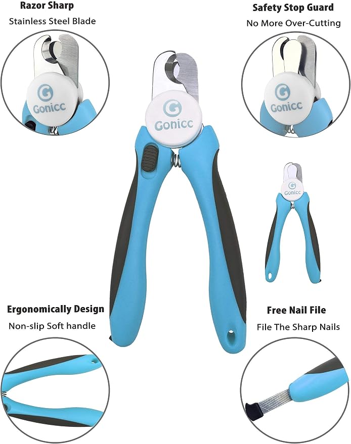 gonicc Dog & Cat Pets Nail Clippers and Grooming Brush. Nail Clippers with Safety Guard to Avoid Overcutting, Free Nail File. Dog Brush Effectively Reduces Shedding by Up to 95%. Professional Groomin