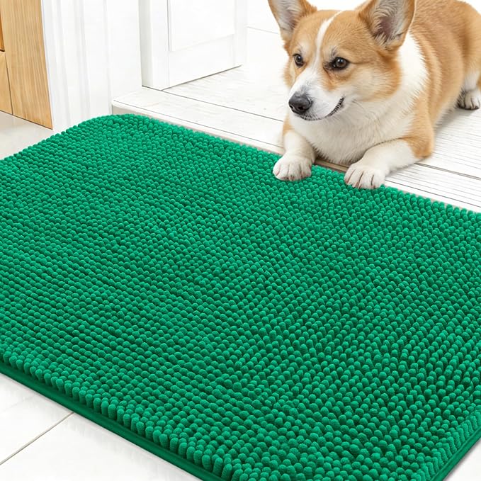 OLANLY Dog Door Mat for Muddy Paws 24x16, Super Absorbent Chenille Mud Mat | Emerald Green, Absorbs Moisture and Dirt, Non-Slip Machine Washable Doormat, Quick-Dry Indoor Entryway Floor Carpet for Dogs