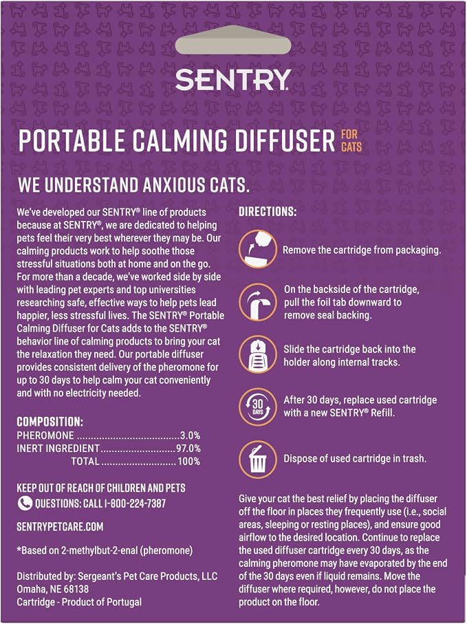 Sentry Portable Calming Pheromone Diffuser for Cats, 30-Day | Reduces stress & bad behavior anywhere; easy-to-use portable diffuser; 30-day pheromone release; travel-friendly