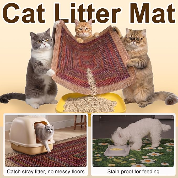 Cat Litter Mat 2 Pack, 24"x36" Litter Trapping Mats for Litter Box, Non-Slip, Super Absorbent & Urine Proof, Machine Washable, Reusable Pee Pads for Cats, Dogs, Rabbits and Guinea Pigs