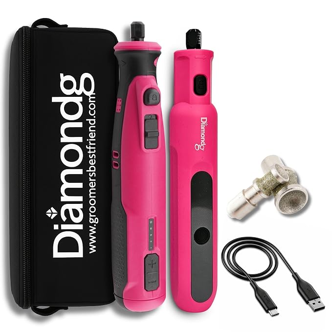Diamondg Cordless Dog Nail Grinder - Quiet Sound with LED Light, Pink | 5-Speed Rechargeable Pet Nail Trimmer for Small & Large Dogs, USB-C Charging, 4hrs. Runtime, Painless, 2 Bits Included
