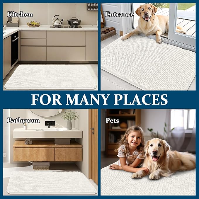OLANLY Dog Door Mat for Muddy Paws 59x35, Super Absorbent Chenille Mud Mat | Ivory, Absorbs Moisture and Dirt, Non-Slip Machine Washable Doormat, Quick-Drying Indoor Entryway Floor Carpet for Dogs