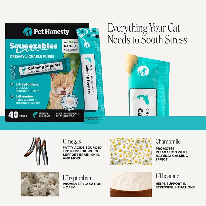 Cat Calming Lickable Treats for Anxiety Relief - Squeezable Calming Puree Pouches for Cats - Feline Stress Relief Behavior Support for Travel, Vet Visits, Grooming, & Separation (Salmon, 40 Ct)