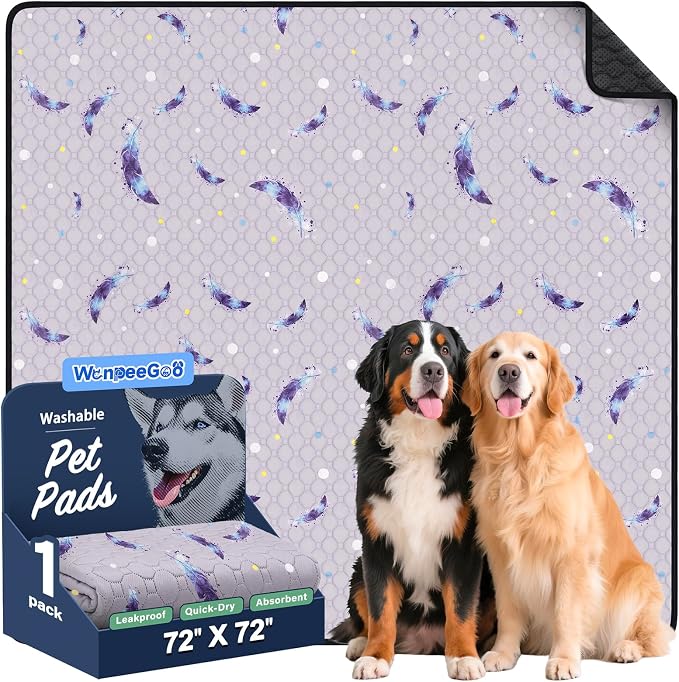 Washable Dog Pee Pads, Non-Slip Waterproof, 72 x 72 in, 1 Pack, Feather | Super absorbent, waterproof and non-slip; washable, reusable dog pads for crates, playpens, floors, furniture and travel