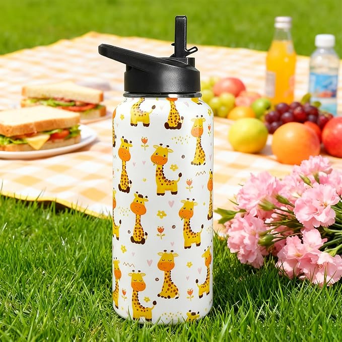 32oz Giraffe Stainless Insulated Aater Water Bottle with Straw,Giraffe Gym Hiking Sports Coffee Mug Cup Water Bottles,Giraffe Gifts for Women,Giraffe Decor Stuff Accessories
