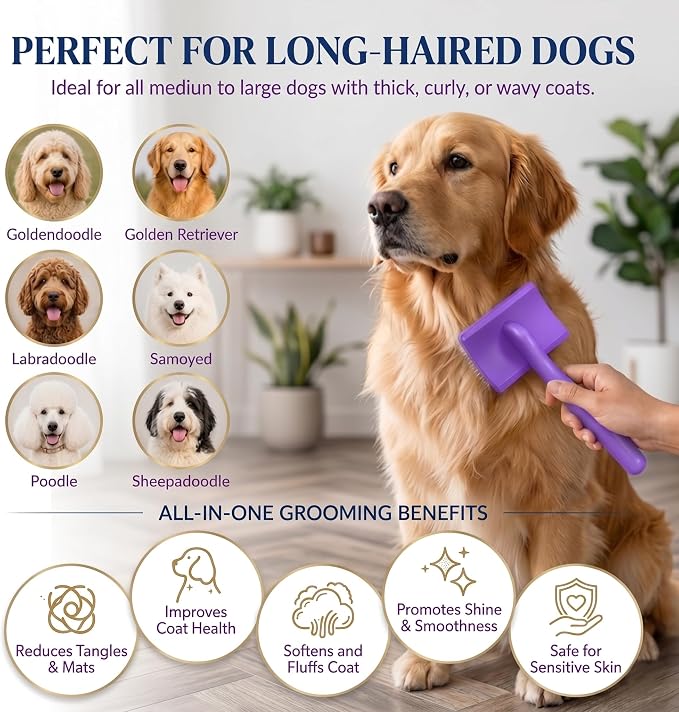 Wooden Long Pin Slicker Brush for Large Dog, Poodles & Doodles Long Hair | Grooming, Fluff & Detangle Heavy Dense Wavy Curly Coats to Easily Prevent Severe Hair Matting During Shedding Seasons