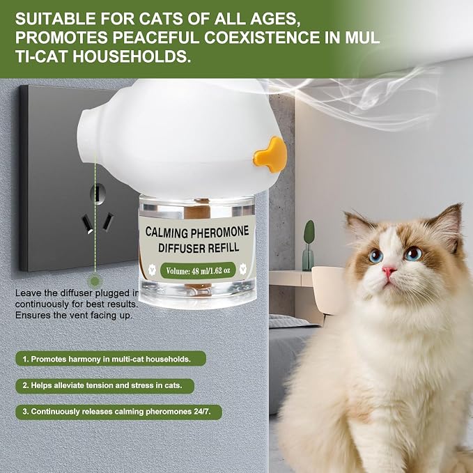 Cat Calming Diffuser, 4-in-1 Pheromone Refills for Anxious Cats, 120-Day Continuous Stress Relief for Multi-Cat Harmony (C)