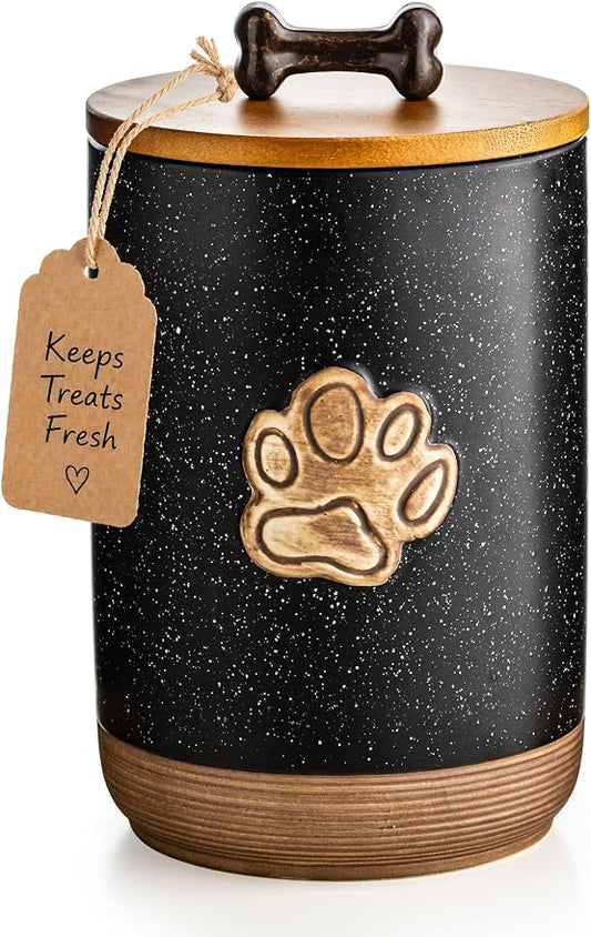Miamolo Dog Treat Container Airtight Dog Treat Storage Jar with Lid, 8 Cups Ceramic Dog Food Storage Container with Handle, Rustic Dog Cookie Jar - Gift for Dog Lovers, Paw Dotted Black