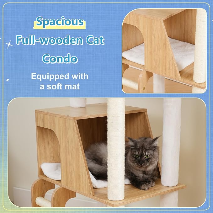 Hey-brother Wooden Cat Tree, Furniture Tower with Large Platforms, MPJ121BT | 69.7 inch, Modern Full Sisal Scratching Posts, Hammocks, Spacious Condo, Ladder, Brush, Water Proof Surface, White Oak