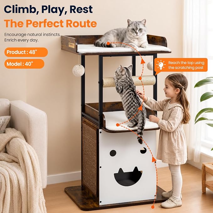 48in Wood Modern Cat Tree for Large Indoor Cats with Big Perch Bed | Multi-Level Climbing Design, Cat Cando, Sisal Scratching Posts and Board, Removable Washable Pads, Stable Rustic Brown