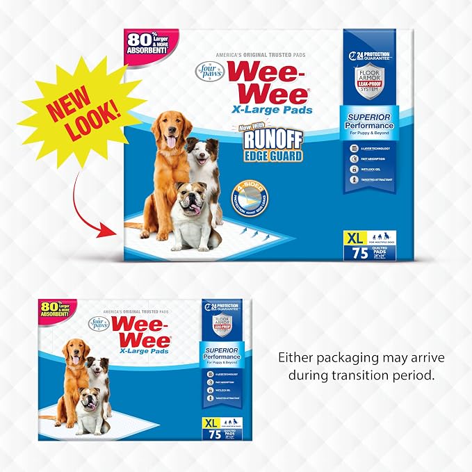 Four Paws Wee-Wee Superior Performance Extra Large Pee Pads for Dogs with Runoff Barrier Edge Guard Protection, Puppy & Dog Potty Training Pads, Housebreaking Supplies, 28" x 34" (75 Count)