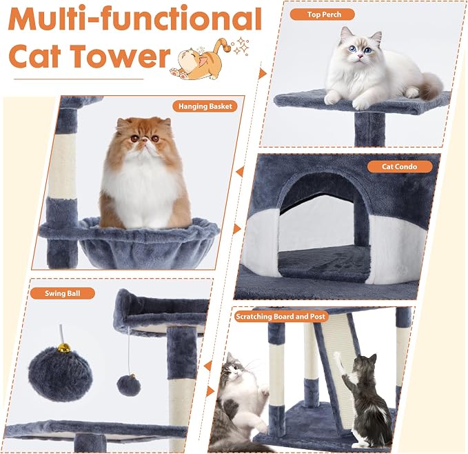 DUMOS Tall 79in Cat Tree Tower with Scratching Posts, Indoor Cats Use | Large Multi Level Cats Climbing Tower with Condo, Extended Platform, Basket, Pet Tree House for Cats Play, Dark Grey