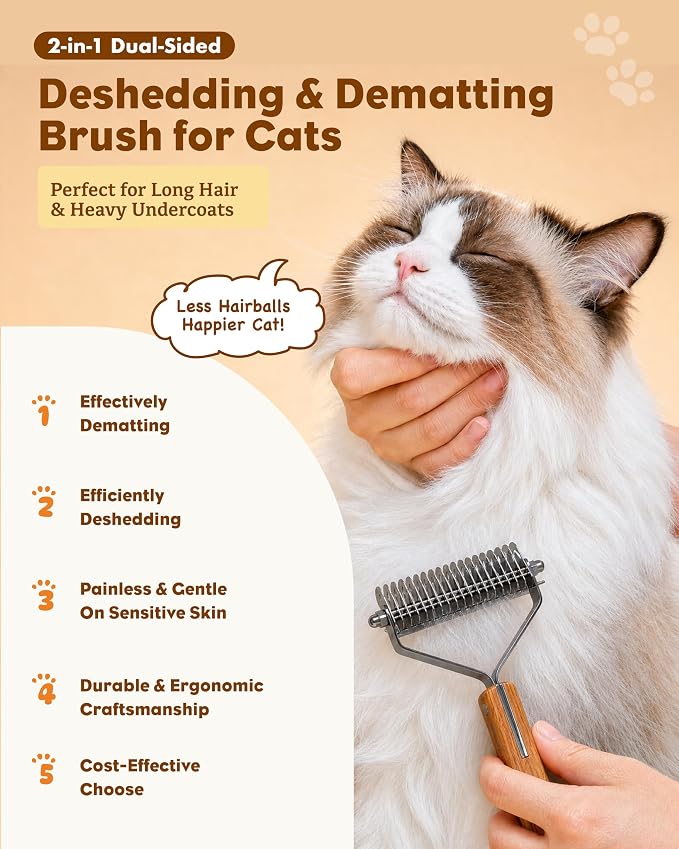 2-in-1 Deshedding & Dematting Brush for Long Haired Cats | Double-Sided Undercoat Rake for Shedding, Efficiently Removes Loose Hair & Tangles, Safe Detangler for Matted Fur