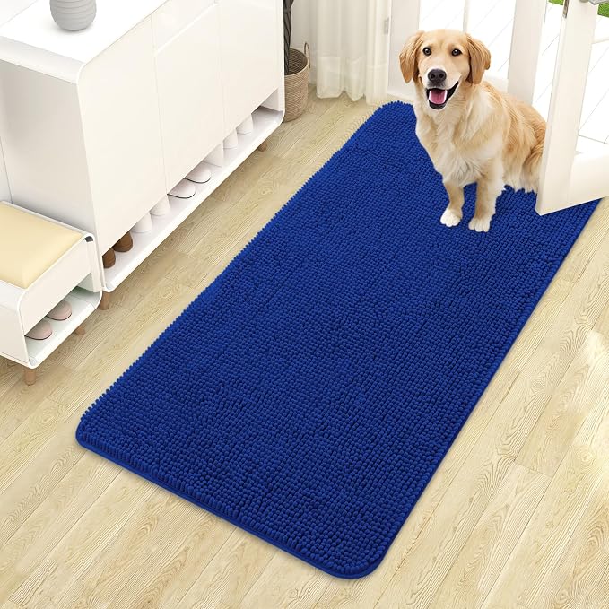 OLANLY Dog Door Mat for Muddy Paws 44x24, Super Absorbent Chenille Mud Mat | Royal Blue, Absorbs Moisture and Dirt, Non-Slip Machine Washable Doormat, Quick-Drying Indoor Entryway Floor Carpet for Dogs