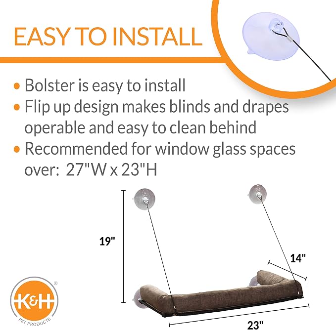 K&H Cat Window Perch, EZ Mount Bolster - Fits 27in Wx23in H Glass Spaces | Cat Window Hammock Bed, Steel Frame, Sturdy Suction Cups, Washable Shelf Covers, Foldable, For Large Felines