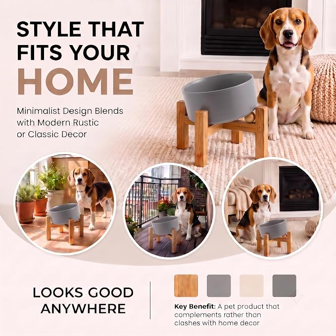 hjn Elevated Ceramic Dog Bowl 15°Slanted Raised Dog Bowl with Bamboo Stand for Small Medium Dogs and Cats, Pet Feeder-3.6-Cup (850ml)-Gray