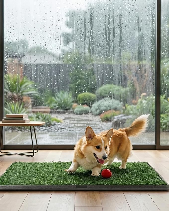 Powools Grass Pad for Dogs Potty - 3-Layer Reusable Dog Grass Pad with Tray, Washable Artificial Grasses Dog Potty Tray with Drainage Holes, Indoor & Outdoor Grass Pee Pad for Dogs, 30" x 20"