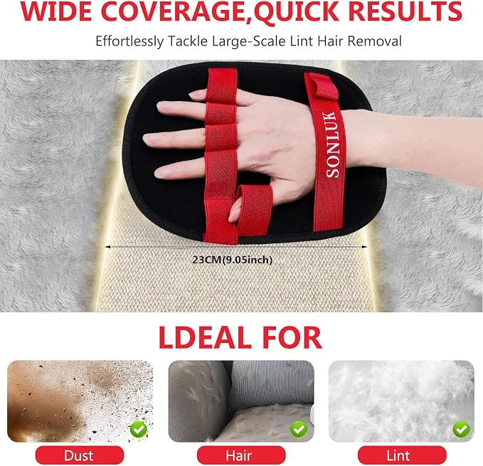 2 Packs 5-Finger Pet Hair Removal Glove,Remover Tool for Dogs Cats | Electrostatic Magic Brush,Reusable Washable,Lightweight,Portable for Laundry Cleaning,Furniture,Sofa,Carpets,Car Seat,Red
