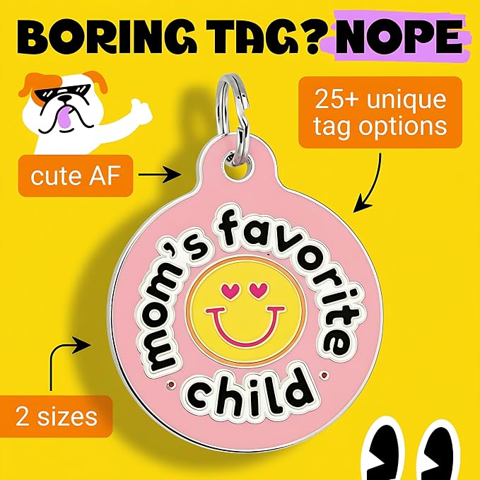 Bad Tags Personalized Dog and Cat ID Tags in 25+ Designs and 2 Sizes - 5 Lines of Custom Engraved Text - Funny Cute Personalized Pet Tags (Mom's Favorite Child - Pink, Large (1.25 inch))