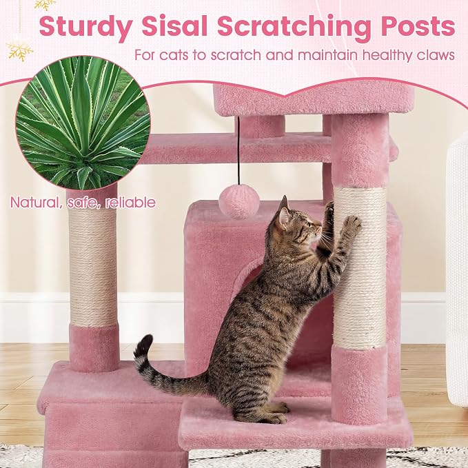 52-inch Cat Tree, Multi-Level Cat Tower with Sisal Scratching Posts, 2 Comfy Condos, Plush Padded Soft Top Perch, Dangling Balls, and Climbing Ladder, Ideal for Indoor Cats (Pink)