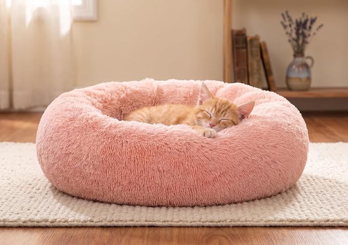 SAVFOX 20 inches Calming Donut Dog Bed - 3X Durable Plush Faux Fur, Machine Washable & Non-Slip, Fits up to 15 lbs, Pink