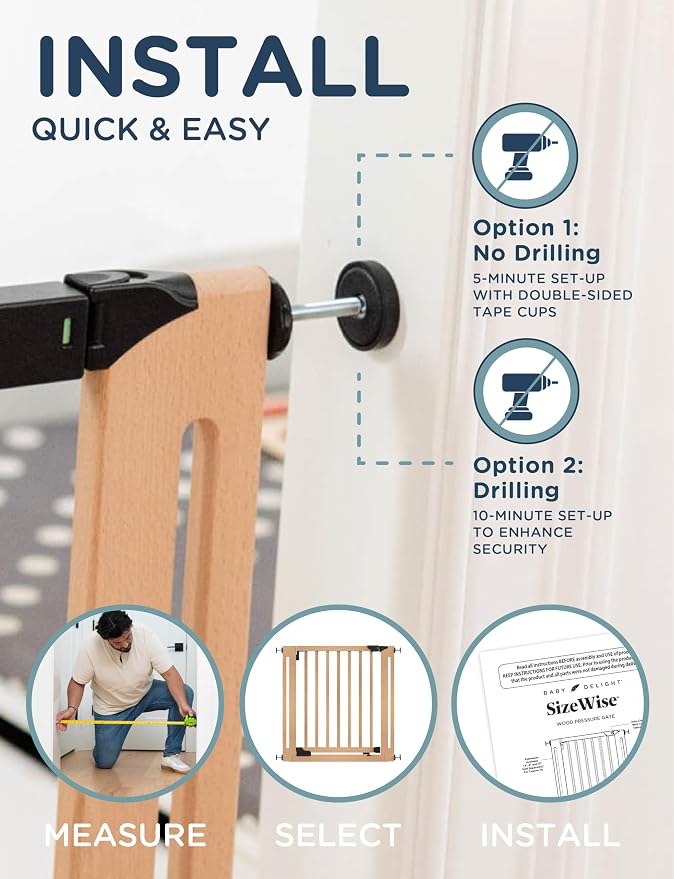 Baby Delight SizeWise™ Wood Pressure Mounted Safety Gate 27.6"-31.5" | Extra-Wide Passage | Auto-Close Two-Way Opening | Easy Installation | PEFC Certified Beech Wood (28.7" Passage)