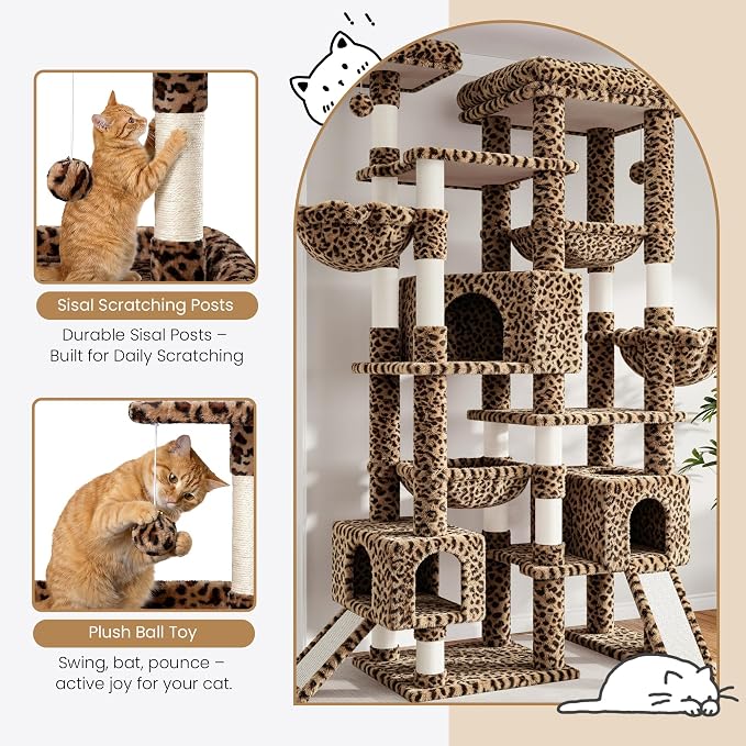 Sha Cerlin 87 in Multi-Level Tall Cat Tree Tower for Large Cats/Extra Wide Feline Activity Center/Sisal Scratching Posts/Wide Base/Cozy Plush Perches/Baskets/Hammocks/Toy Balls/Leopard Print