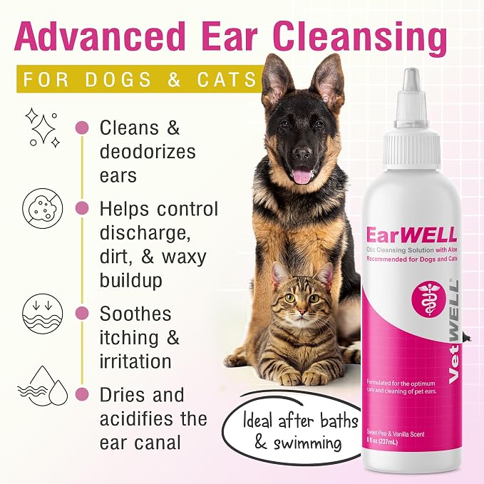 VetWELL Ear Cleaner for Dogs and Cats - Sweet Pea Vanilla - 8 oz | Otic Ear Solution for Pets to Help Manage Odor and Reduce Wax Build Up