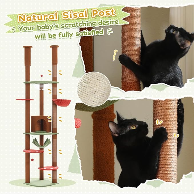 PEQULTI Floor to Ceiling Cat Tree, 92.9-101.6in Adjustable Cat Tower, Brown | Adjustable tower braces floor to ceiling; cozy condo, large hammock, perches & 9 sisal posts on fan base with anti-tip strap