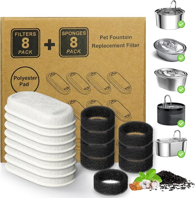 Cat Water Fountain Filter,16 Pack Cat Fountain Replacement Filters for Stainless Steel 67oz/2L Adjustable Water Flow Pet Water Fountain,Dog Water Fountain (8+8 Pack)