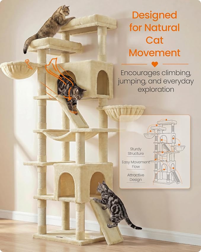Feandrea Large Cat Tree, 81.1" Tall Sturdy Cat Tower for Indoor, Beige | Multi-Level Cat Condo with Sisal Scratching Posts, Hammock, Climbing Ladder, Easy to Assemble, UPCT021Y101S