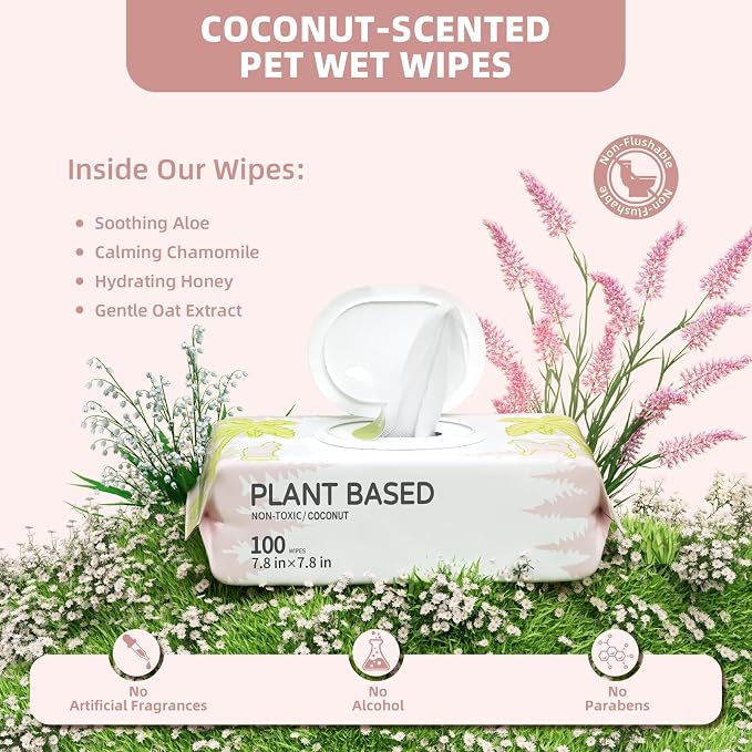 IMMHABI 100 Count Lick-Safe Dog Wipes, Coconut Plant-Based Hypoallergenic Dog Wipes for Paws, Butt, and Anal Gland Care, Cleansing & Deodorizing for Puppies