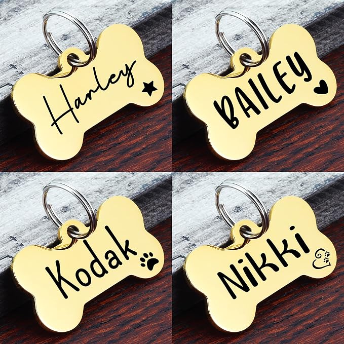 Ultra Joys Personalized Dog Tags for Pets - Durable Stainless Steel Customizable Dog Cat ID Tags - Dog Tags for Safety Optional Engraved on Both Sides -Bone Shape Dog Tag Large Size, Gold
