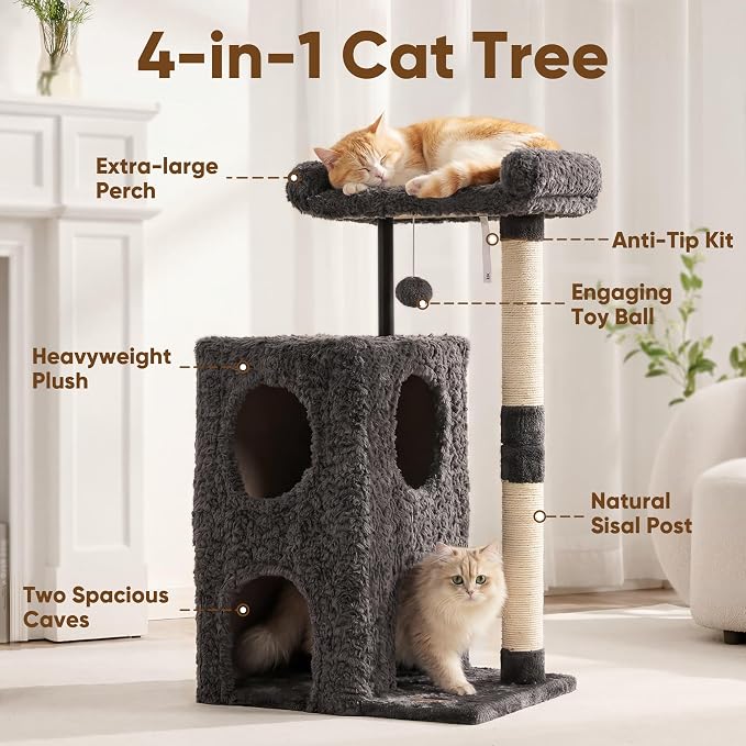 FUKUMARU Cat Tree, 36.2in Luxury Plush Cat Tower with Two Caves, Multi-Level Cat Condo with Sisal Scratching Post, Adult Cat Tree Towers for Indoor Cats with Top Perch, Medium Heavy Duty Kitten House