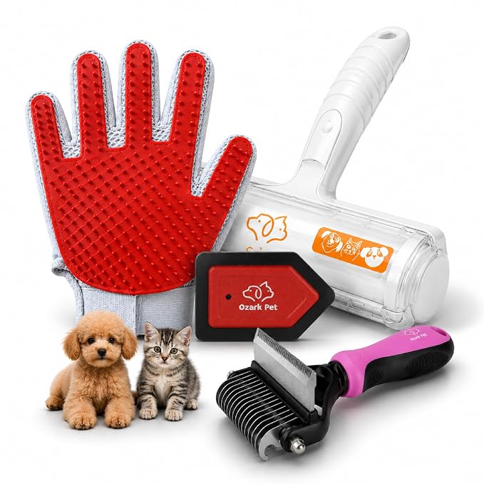 4-in-1 Pet Care & Pet Hair Control System for Dogs & Cats – Deshedding Tool, Pet Hair Remover, Grooming Glove & Detail Cleaner for Furniture Couch Carpet Home & Car