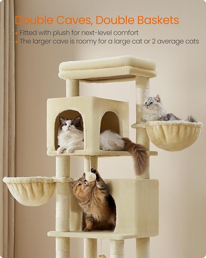 Feandrea Cat Tree, 69-Inch Tall Cat Tower, Multi-Level Plush Condo with 2 Caves, 2 Baskets, 5 Scratching Posts, Self-Groomer, Perch, Hammock, Sand Beige UPCT182Y01